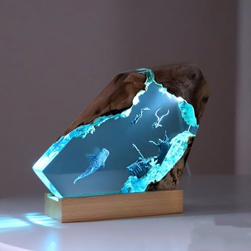Mocoli Night Light, LED Bedside Table Epoxy Resin Wood Lamp Diver and Humpback Whale Led Lights LED Ocean for Desktop Art Decoration