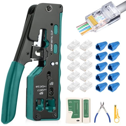 Zhufas Juego de crimpadora con probador de red Incluye alicates de crimpado, pelacables, 50 conectores y comprobador de red. Perfecto para Cat5, Cat6, Cat7. Fiable en la oficina, el hogar o para