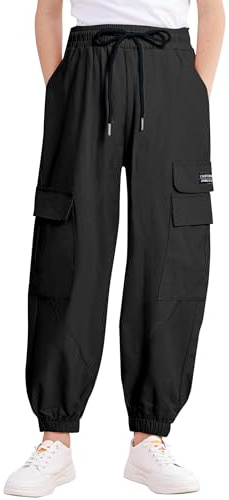 JiAmy Pantaloni cargo da ragazza, in cotone, con elastico in vita e tasche, pantaloni da jogging larghi per bambini, hip hop, per il tempo libero, per la scuola e lo sport, 5-14 anni, Nero , 11-12