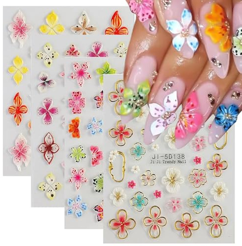 5D-nagelklistermärken med präglade blommor, tropisk hibiskus och liljor för nagelkonst på sommaren och våren, innehåller 4 stycken för kvinnor och flickor