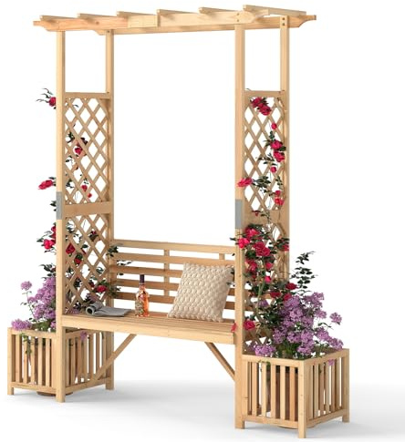 COSTWAY Banco de Jardín con Arco de Pérgola y Jardineras, Banco de Madera de Exterior con Pérgola, Caja de Plantación, Enrejado Lateral para Enredaderas y Plantas Trepadoras, 185 x 56 x 203 cm