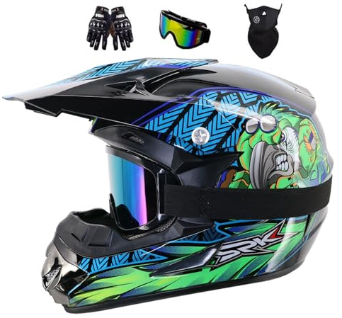 Kids Dirt Bike Motocross Off-Road Street Helmet, Youth Full Face Motorcycle Helmet Four Wheeler, BMX, MX, UTV, Snowmobile, Go Kart, Racing, With Goggle Gloves Mask(S(52-53CM))