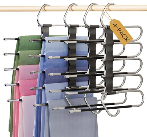 DAMITA Gruccia per pantaloni salvaspazio, colore nero, in plastica, 4 pezzi, 5 in 1, in acciaio inox, stabile, pieghevole, per armadio, sciarpe, jeans, abbigliamento per uomo e donna