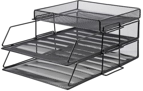 ifundom Étagère à Dossiers 3 Niveaux en Treillis Métallique Noir Porte-Documents Empilable pour Bureau Organiseur Multicouche pour Rangement des Documents et Dossiers
