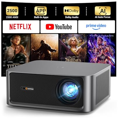 HAPPRUN 2500 ANSI Lumens Outdoor Projector with Built-in Streaming Apps, 4K Decoding Resolution, Dolby Audio, WiFi 6 and Bluetooth 5.2 for Indoor and Outdoor Home Theater