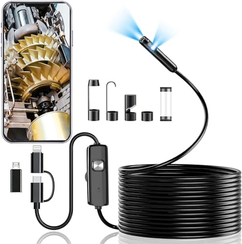 Telecamera endoscopica a doppia lente con luce, boroscopio HD 1920P con 8 LED regolabili, cavo a serpente semirigido da 5 m, strumento di ispezione impermeabile IP68 per iPhone, Android