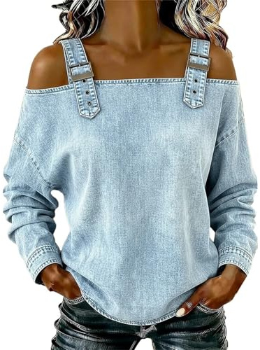 Camiseta vaquera retro de manga larga con hombros descubiertos para mujer, diseño de correas de hebilla ajustables, diseño 2026, camisa de mezclilla casual de moda para primavera y verano