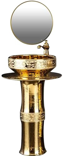 Fregadero de pedestal, lavabo circular independiente, lavabo moderno de porcelana con espejo