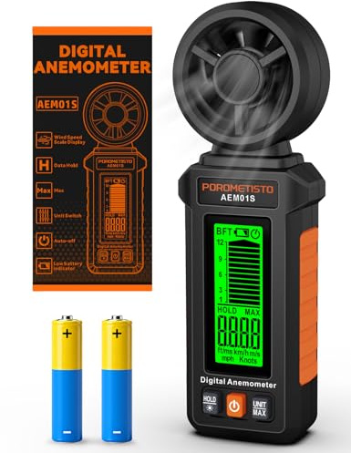 POROMETISTO AEM01S Anemómetro Digital Portátil Medidor de Viento | Medidor de Velocidad del Viento con Retención de Datos, Máx, 5 Unidades, Escala Beaufort para Drones, Vela, HVAC