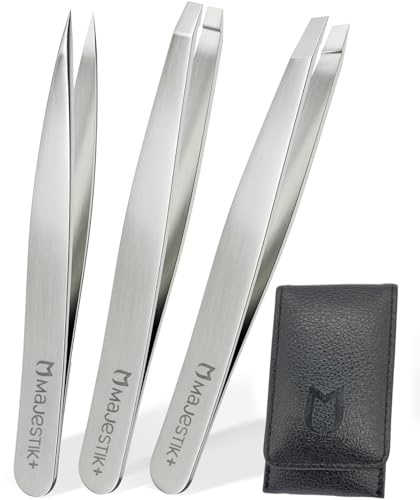 3pcs Tweezers Set with Leather Case - Stainless Steel, Slant, Straight and Pointed Tip Tweezers - Tweeze with Ease, Eyebrow and Nose Hair, Splinters & More