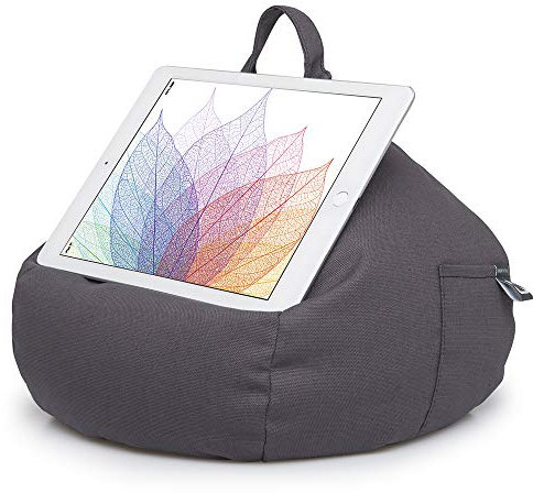 iBeani iPad and Tablet Cushion Stand - Bean Bag Holder For All Devices - Securely Holds at Any Angle on Any Surface - Handy Side Pocket - Range of Designs - Grey