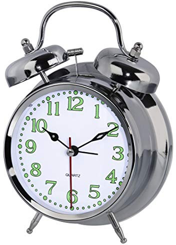 Hama analoger Wecker inkl. Batterie (batteriebetriebene Retrouhr mit Alarmfunktion, Glockenwecker mit Licht, fluoreszierender Stunden- und Minutenzeiger, 12,5 x 6,5 x 17 cm) Silber, weiß