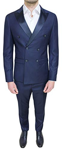 Class Sartoriale Abito Completo Uomo Raso Doppio Petto Slim Fit Elegante Cerimonia (48, Blu)