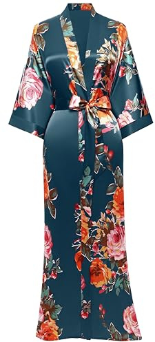 BABEYOND Women's Kimono Robe Long Satin Silky Floral Lightweight Bridesmaid Wedding Bachelorette Party Robe