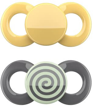 dentistar Day & Night Schnuller 2er-Set – Größe 3 ab 14 Monate – Zahn- & kieferfreundlicher Silikon Schnuller – Mit Leuchtschnuller für die Nacht – Orange & Grau mit Spirale – Made in Germany