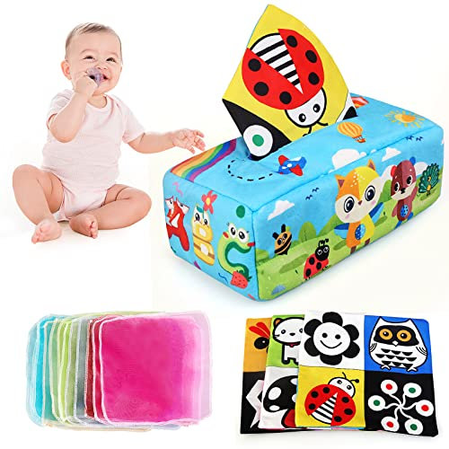 LEADSTAR Tücherbox Baby, Montessori Sensorik Spielzeug Babyspielzeug Tissue Box Baby Stoffbuch Motorikspielzeug Knisterbuch Seidentücher Kontrastkarten Sensorisches Tuch für 3-24 Monate Kleinkinder