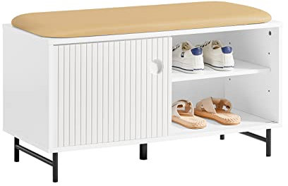 SoBuy FSR116-W Banco Zapatero con Puertas Correderas Armario Multifuncional para Entrada con Estantes 85 x 37 x 49 cm Blanco ES