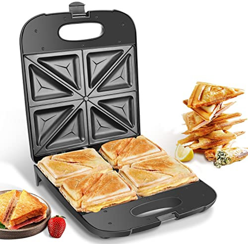 Aigostar Sandwich Toaster, 4 Slice Toastie Maker and Grill with Non-Stick Hot Plates, Automatic Temperature Control for Toasted Cheese Snacks, Black - Dylan 02J51