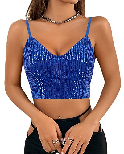Naimo Top corto da donna con paillettes glitterate senza maniche con scollo a V canottiera canotta scintillante camicetta per feste rave top, Royal, XS