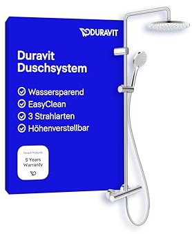 Duravit Duschsystem, duschsystem med 3 stråltyper (regn, intensivt regn, mjukt regn), huvuddusch justerbar i vinkel, duschset lätt att rengöra, handduschhållare höjdjusterbar, krom