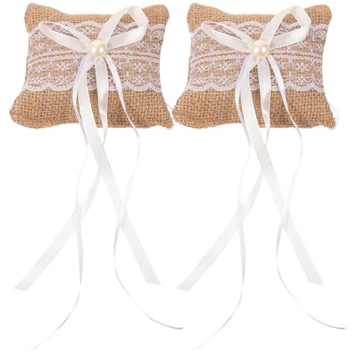 HOOTNEE 2Pezzi Cuscino Portafedi Lino con Pizzo Da per Matrimonio per Conservazione Fedi Nuziali Anelli Elegante Scatola Porta Anelli per Cerimonie