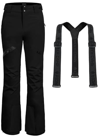 Pantaloni da Sci Donna 1500mm Impermeabili Cuciture Nastrate Pantalone Neve Ghette Neve Integrate Ginocchio Articolato Bretelle Staccabili Regolabili Softshell Invernali da Esterno（Black;S