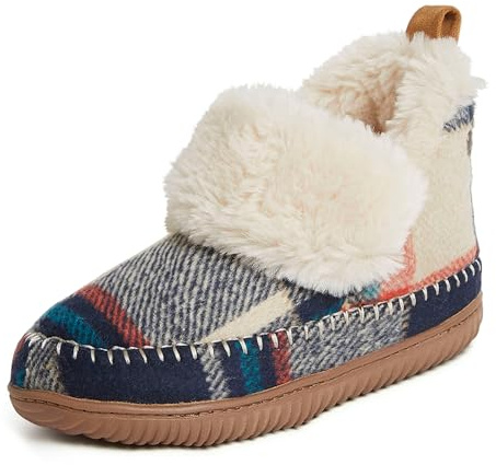 Dearfoams Women's Alpine Moritz Outdoor Arch Support House Shoe Bootie Slipper, Navy Plaid, 8-9