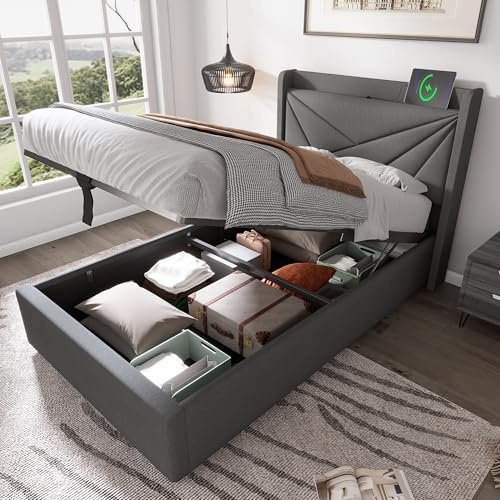 KUAKE Letto imbottito per letto matrimoniale, 90 x 200, con funzione di ricarica USB di tipo C, testiera, struttura in lino, letto per ragazzi con rete a doghe (90 x 200 cm, grigio)