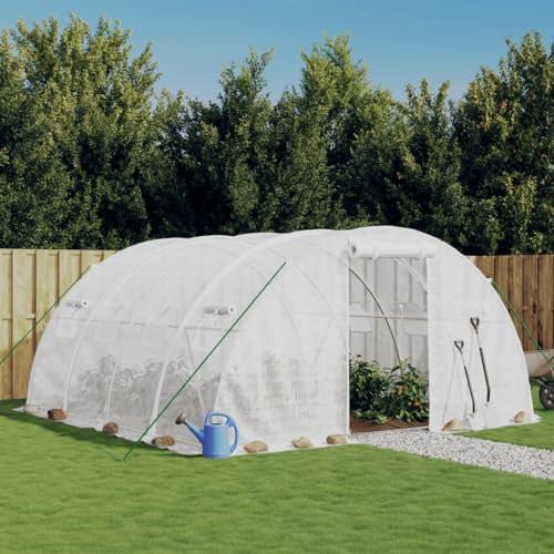 Homgoday Greenhouse with Steel Frame, Tomato Greenhouse, Tunnel Greenhouse, Foil Greenhouse, Tomato House, Polytunnel with Zip Door and 4 Roll-Up Windows, White, 16 m², 4 x 4 x 2 m