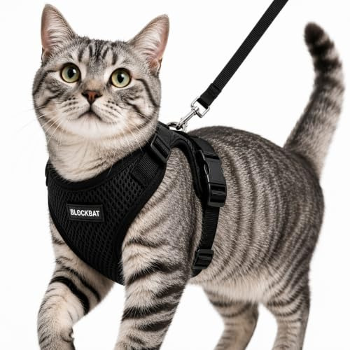 BLOCKBAT® Arnes para Gatos, con Correa de 150cm, Antiescape, Cómodo y Reflectante, Fabricado en Malla Transpirable Suave, Arnes Gato, Gatos Accesorios, arnes Gato Pequeño. (XS, Negro)