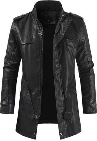 Henagehde Veste en Cuir Homme Noir - Veste d'hiver pour Hommes Manteau Doux Veste en Cuir Décontractée Fermeture Éclair À Manches Longues Col Montant Veste Mode Trench Coat Patchwork (a-Black, L)