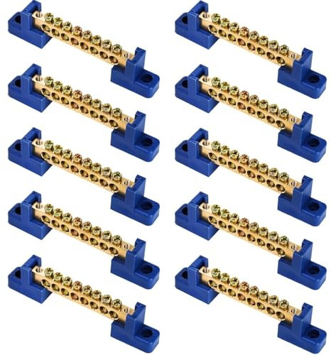 TOPZEA 10 Pack Terminal Bus Bar, 8 Positions Screw Brass Terminal Grounding Strip Bus Bar for Car Boat Marine Ground Electrical Power Distribution, Blue