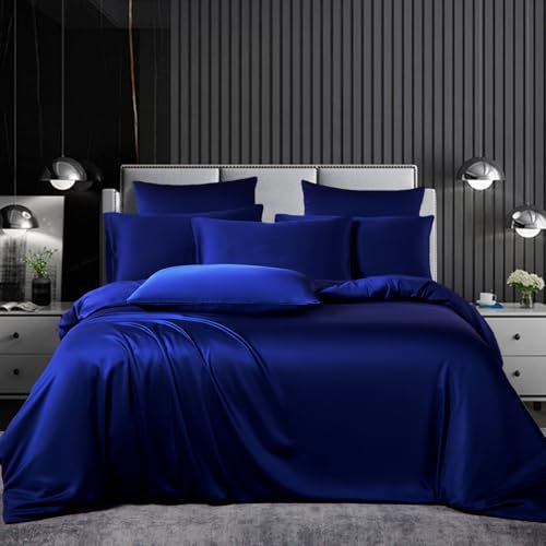 Bettwäsche Set Satin 135x200cm 2Teilig Blau Glänzend Silky Touch Einfarbig Bettbezug Set Seide Glatt Luxus Bettwäsche Set Glanzsatin Polyester Einzelbett mit Reissverschluss und Kissenbezug 80x80cm