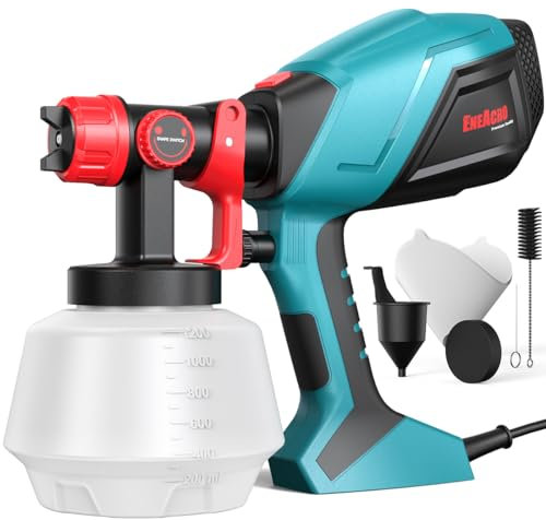 ENEACRO HVLP Pistola de Pintura, 700W Pulverizador Eléctrico con Contenedor de 1200ml, Flujo y Ángulo de Rociado Ajustables, 5 Boquillas de Latón para Interiores y Exteriores