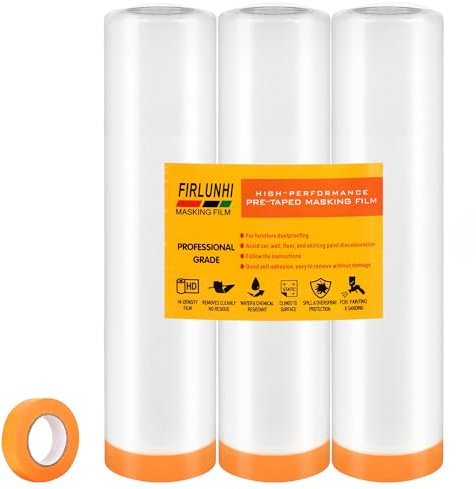 FIRLUNHI Abdeckfolie mit Klebeband, 3 rolls of 180CM x 15M,abdeckfolie maler,abdeckfolie auto lackieren,Selbstklebende folie,Für Wandanstriche, Schutz von Autolacken, Staubschutz für Möbel