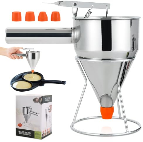 NATGAI Dispenser per pastella per pancake in acciaio inox, con supporto, adatto per pancake, cupcake, waffle e prodotti da forno (600 ml, con 4 ugelli in silicone)