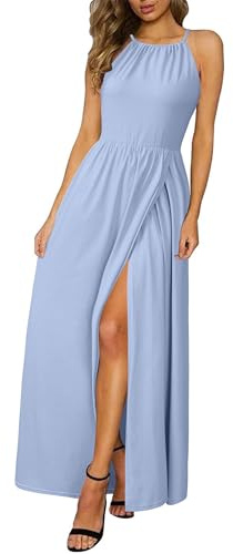 KILIG Women's Summer Spring Casual Sleeveless High Split Floral Sundress Beach Vacation Flowy Halter Maxi Long Dresses with Pockets 2026 (Light Blue,S)