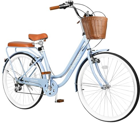 EISYROOD 26 Inch Beach Cruiser Bike for Women, Hybrid Womens Bike with 7 Speed, Adjustable Seat, Lightweight Women Beach Cruiser Bike with Anti-Skid Tires, V-Brakes (Double Bar, Blue)