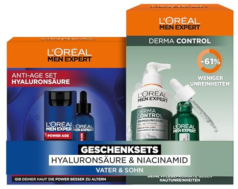 L'Oréal Men Expert Vater und Sohn Pflegeset für Männer, Geschenke mit Reinigungsgel, Gesichtscreme und 2x Gesichtsserum, Geschenkset mit Hyaluronsäure, Niacinamide, Power Age, Derma Control, 4-teilig