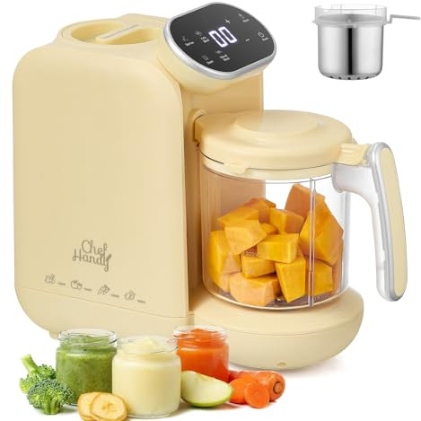 Chefhandy Baby Food Maker, 5 in 1 Baby Food Processor with Stainless Steel Steam Basket, Food Puree Maker with Steamer, Blender, Bottle Warmer Function, Auto Cooking & Grinding, Touchscreen (Yellow)