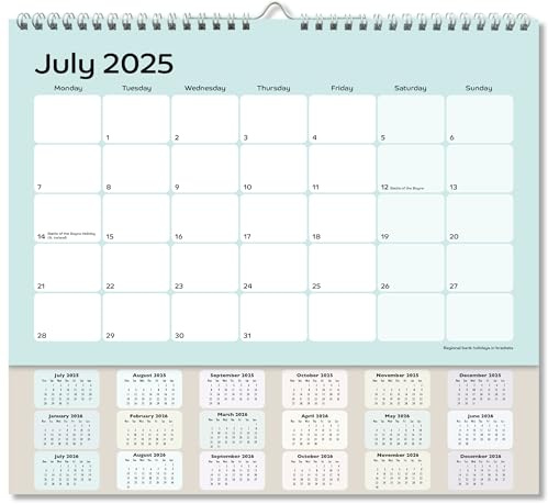 Wall Calendar 2025-2026 UK. 18 Month Wall Planner with drop down year planner. Ideal for Home, Office, School & Family – Month-to-View Calendar for Holidays & Work Organisation.