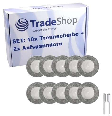 Trade-Shop SET: 10x Trennscheibe 50mm + 2x Aufspanndorn kompatibel mit Dremel, kompatibel mit Proxxon Multifunktionswerkzeuge D29