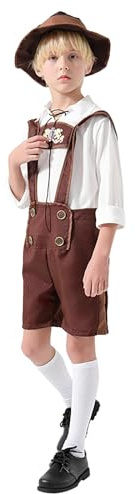 Kids Oktoberfest Bavarian Boy Costume Age: 4-12 Years Long Sleeve Lapel Top + Bib Short + Hat German Traditional Oktoberfest Outfit Halloween Carnival Medieval Festival Costumes