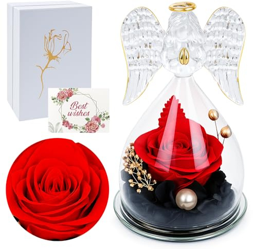 Qoosea Rosa Eterna Figura Ángel Regalos para Mujer, Rosa Preservada Ángel Regalo para Mama Novia, Flores Preservadas Regalo Decoración para Navidad San Valentín Dia de la Madre CumpleañOs para Mujer