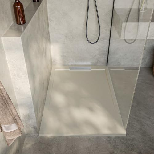 SOULBATH Plato de Ducha Extraplano Antideslizante – Resina Gel Coat - Textura Liso/Piedra – CREMA INTENSO - 100X70 - Diseño elegante - Incluye Válvula de desagüe