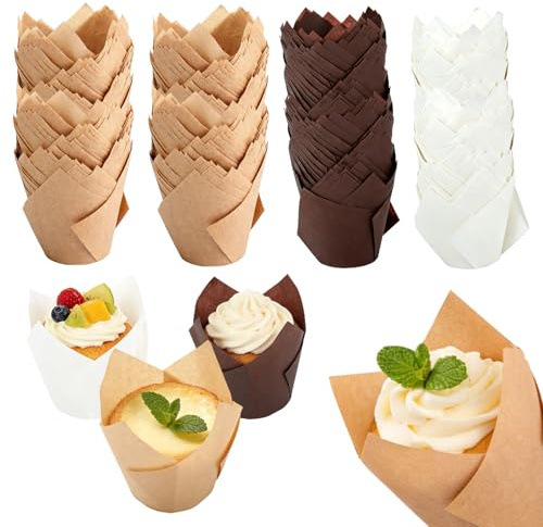 200 st Tulpanformar för pappersbakformar, muffinsformar, pappersformar för bakverk, bakformar för muffins och cupcakes för födelsedagsfester, bröllop, bagerier (svart/vit/brun)