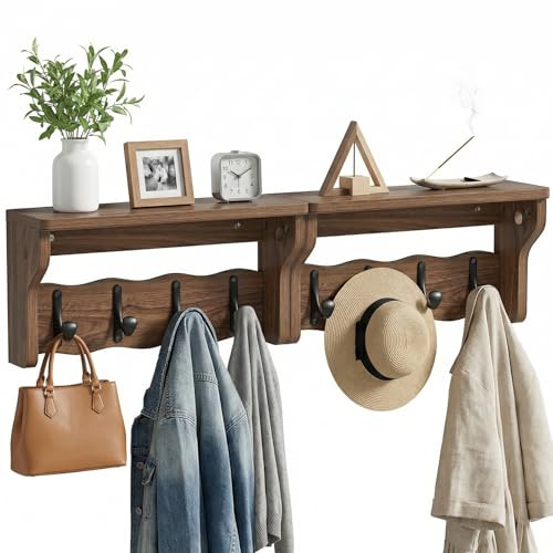 Yvsevnr Wooden Coat Hooks 2 Layer Wall-Mounted Coat Rack with 8 Hooks 2 Packs Entryway Coat Hangers Floating Shelves, Key Holder for Bedroom, Bathroom, Kitchen, Closet, Mudroom