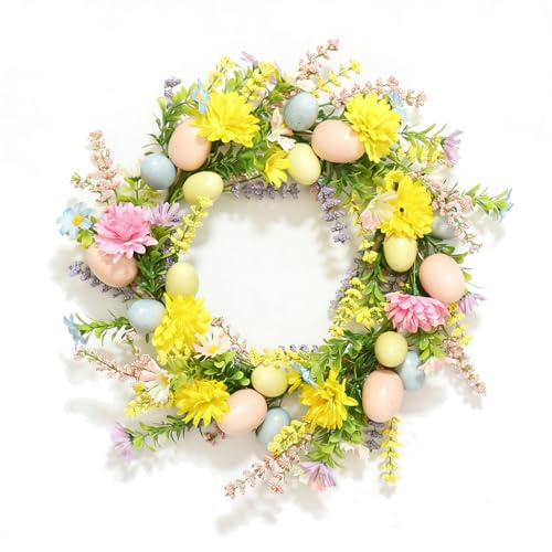 Corona di Pasqua 40 cm con Uova Decorative Colorate e Fiori Artificiali – Ghirlanda Primaverile in Plastica – Decorazione Colorata per Porta e Finestra per Pasqua, Primavera e Feste