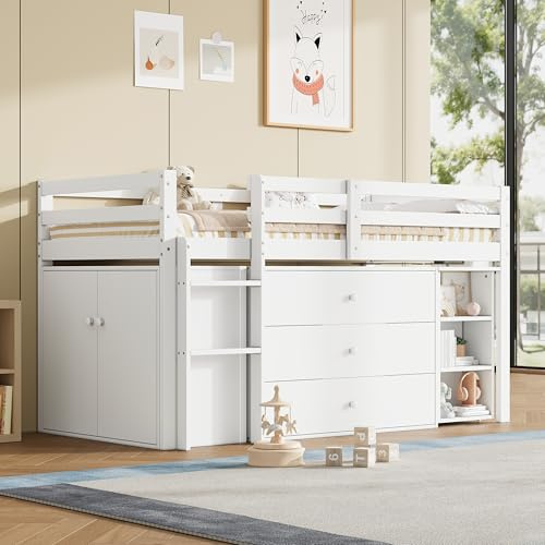 Merax 3FT Kids Single Bed with Storage, Mid Sleeper Bed with Pull-Out Desk, 3 Drawers & Storage Cabinet, Wooden Kids Cabin Bed, Reversible Loft Bed for Children (No Mattress), White