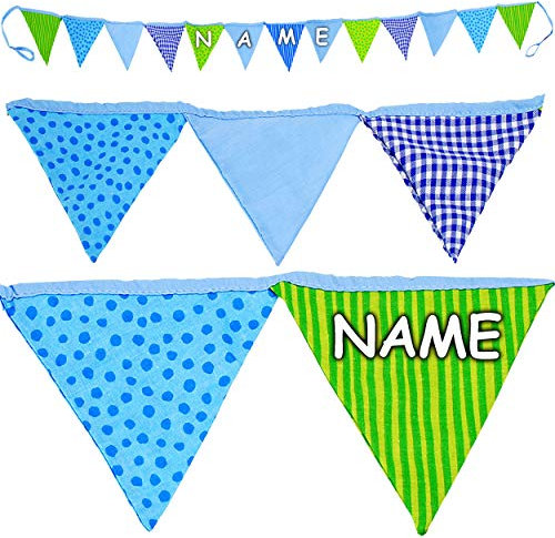 alles-meine.de GmbH 2,2 m - Stoff - Girlande/Wimpelkette - grün & blau - inkl. Name - mehrweg & wiederverwendbar - Dekoration - Baumwolle - Wimpelgirlande - Dekogirlanden - STO..